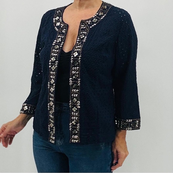 Chico’s Boho Eyelet Crochet Beaded Studded Sequins Coastal Open Cardigan Jacket - Picture 5 of 16